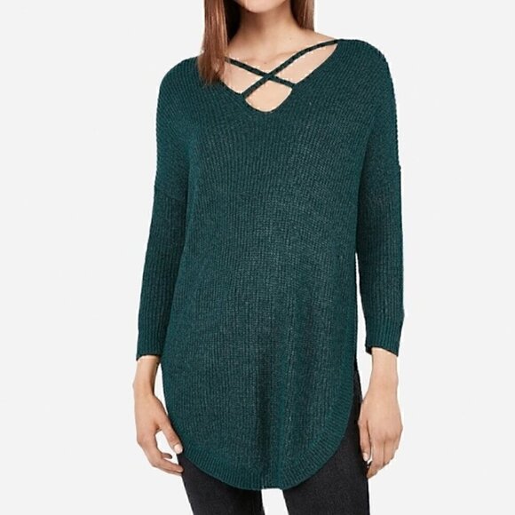 EXPRESS Strappy Circle Hem Tunic Sweater Solid Teal Green Blue 3/4 Sleeve Winter - Picture 3 of 15